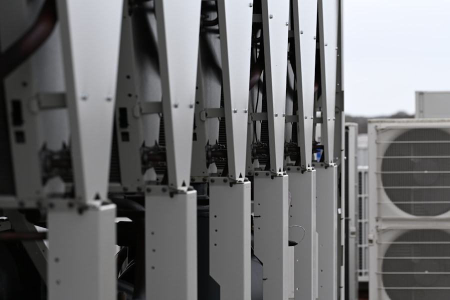 Row of commercial HVAC condenser units